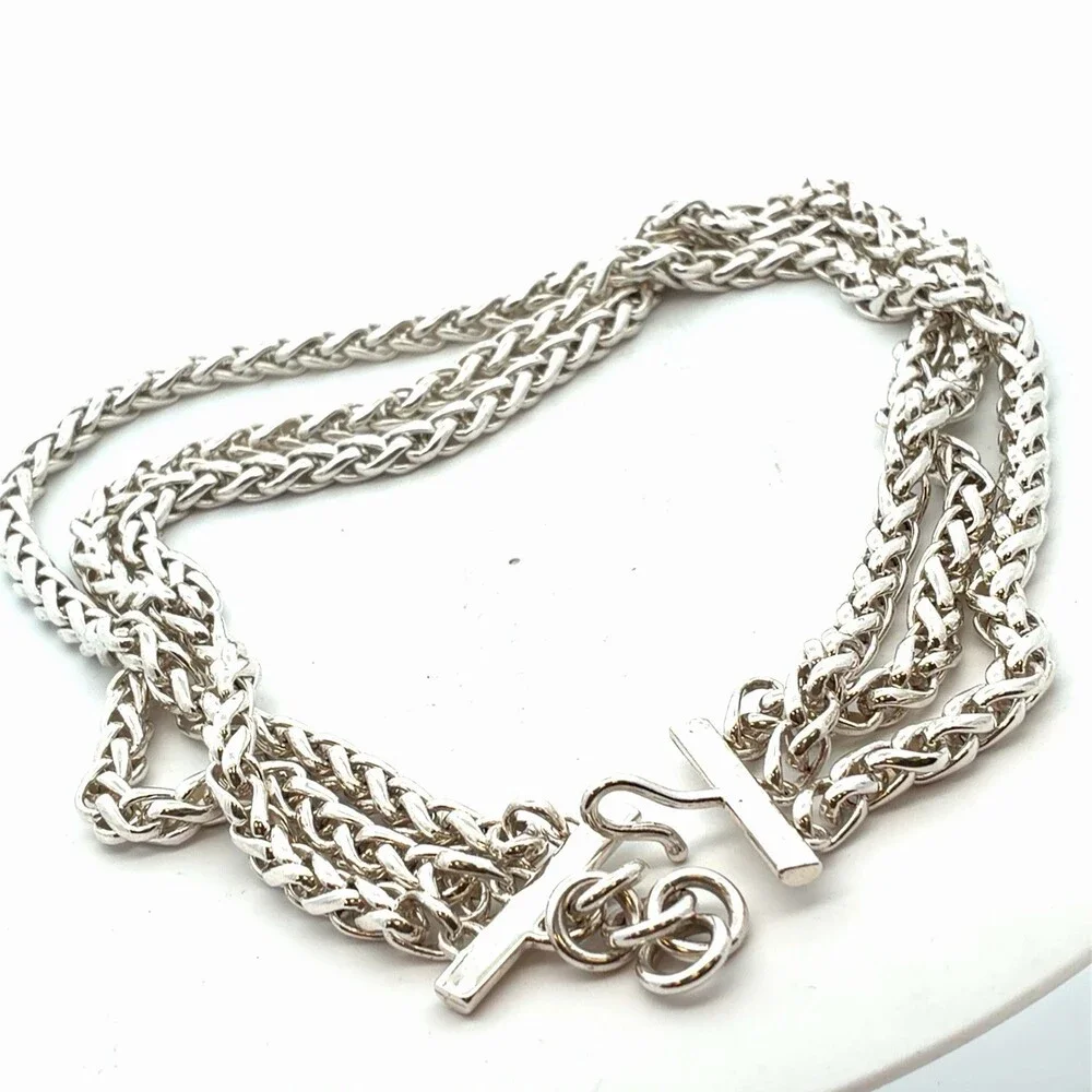 Mignon Faget 925 Sterling Silver Graduated Wheat 3 Chain Link Statement Necklace